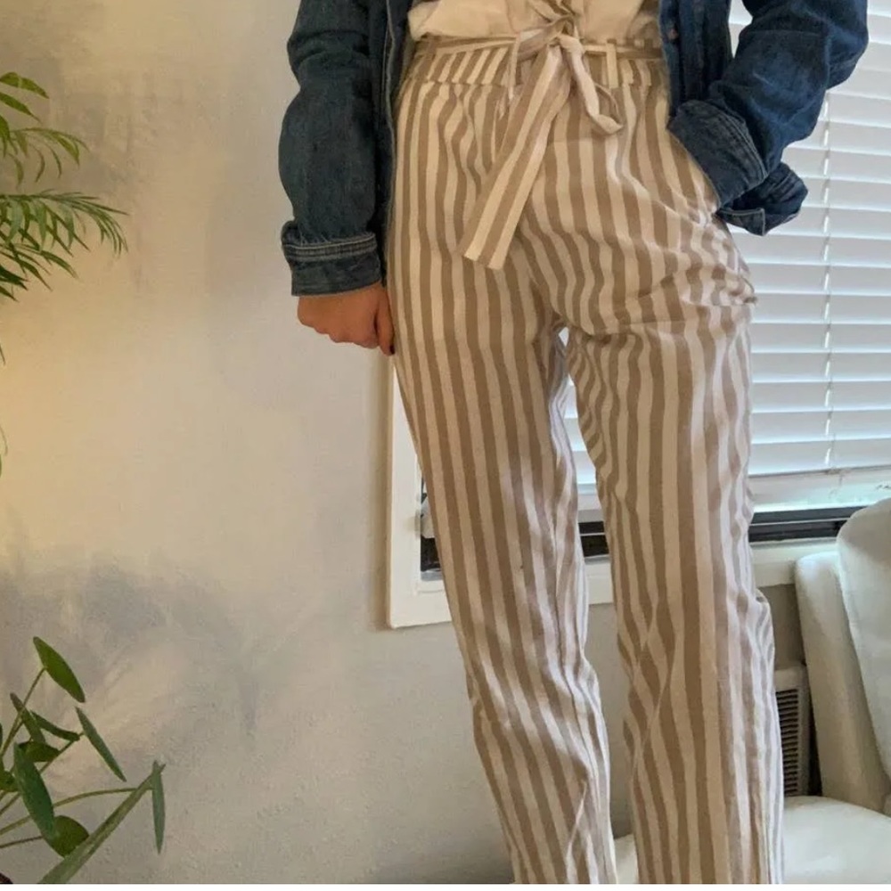 ZARA High Waisted, Tie Sash, Crop Striped Pants | Color: Tan / White | Size: S